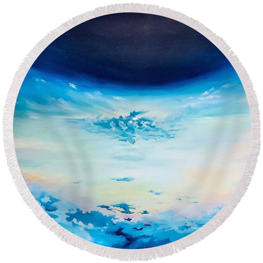 Above Round Beach Towel featuring the painting Above the Clouds by Merana Cadorette