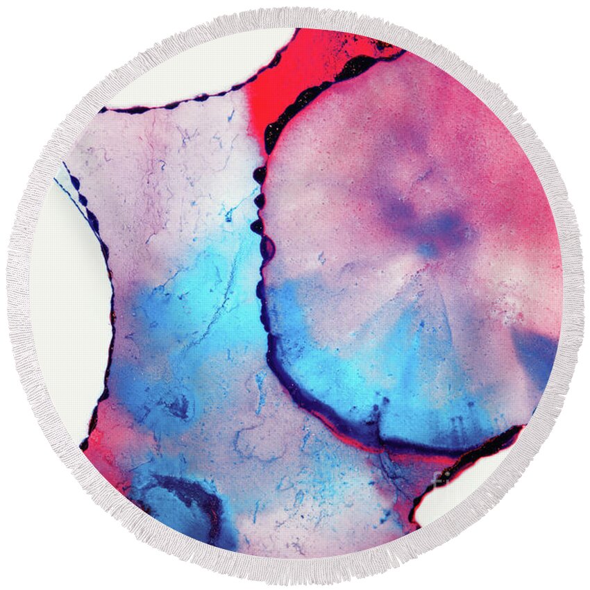 Ink Round Beach Towel featuring the photograph Abstract alcohol in background in pink, red and blue tones. by Jane Rix