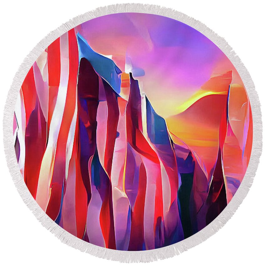 Usa Round Beach Towel featuring the digital art Abstract American Landscape 02 Patriotic US Flag Colors Red Blue White by Matthias Hauser
