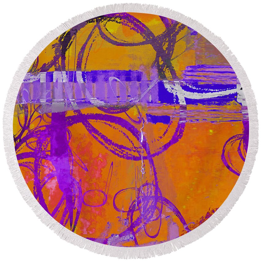 Abstract Blue Red Orange Artwork Round Beach Towel featuring the mixed media Abstract Blue Green Art - In Hope We Gather in Orange by Patricia Awapara