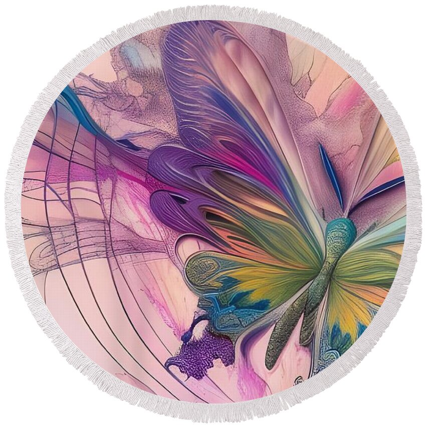 Digital Butterfly Abstract Pasteis Round Beach Towel featuring the digital art Abstract Butterfly in Pastels by Beverly Read