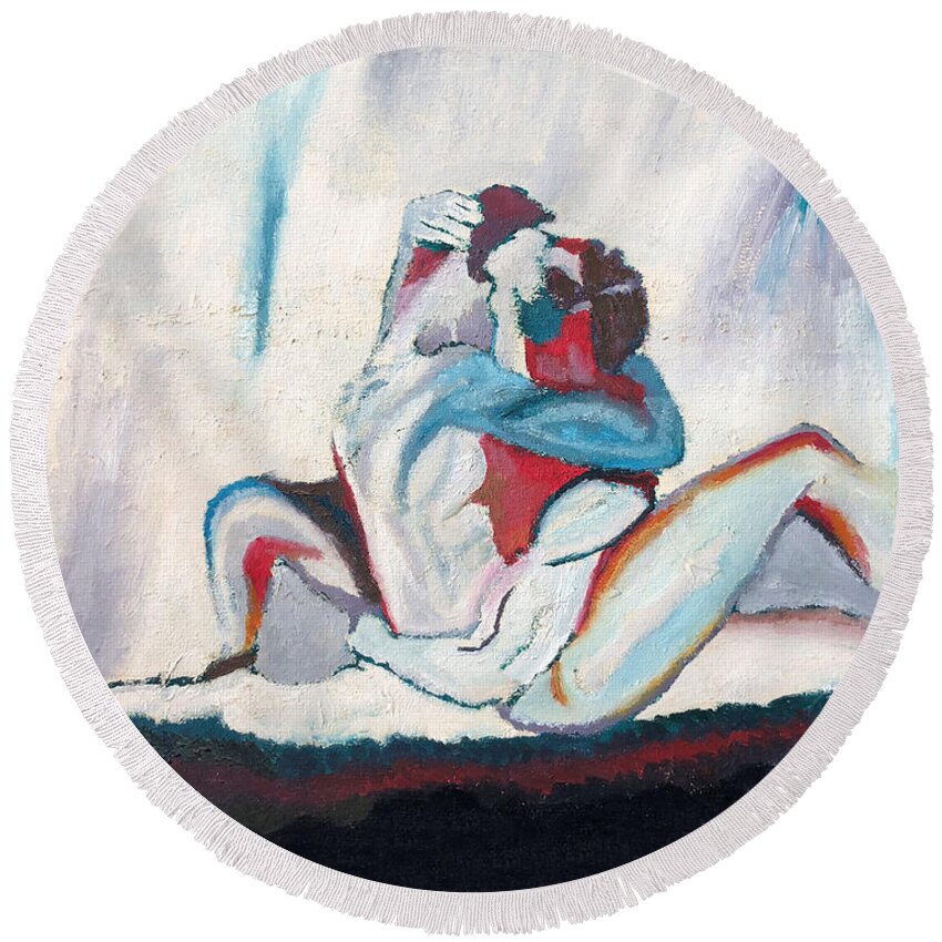Abstract Round Beach Towel featuring the painting Abstract Couple by Troy Caperton