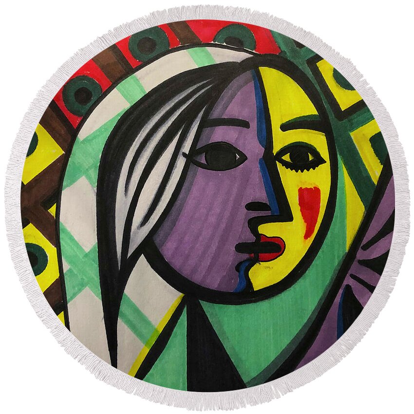 Abstract Round Beach Towel featuring the drawing Abstract Portrait by Creative Spirit
