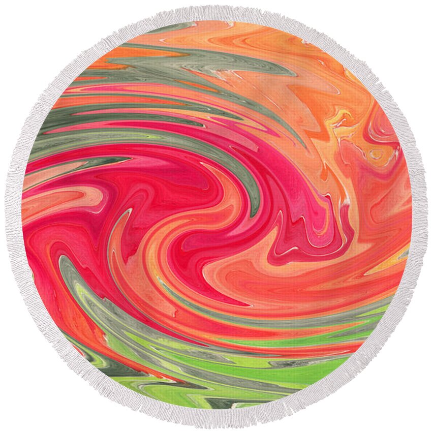 Digital Art Round Beach Towel featuring the digital art Abstract Red Orange Tulips by Conni Schaftenaar