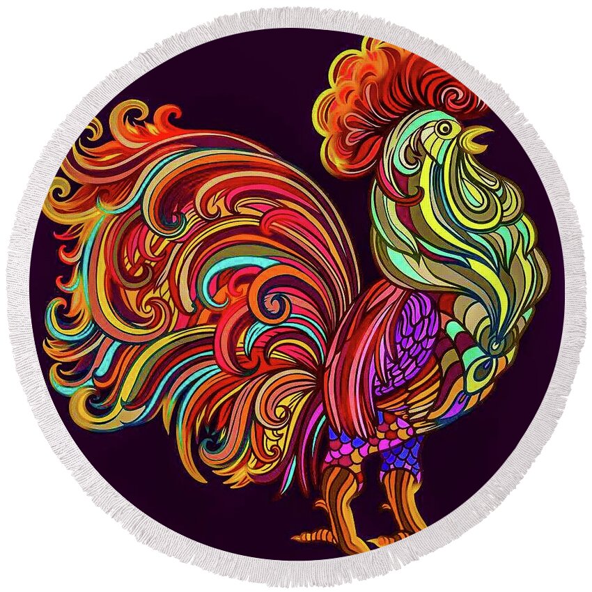 Rooster Round Beach Towel featuring the mixed media Abstract Rooster by Teresa Trotter