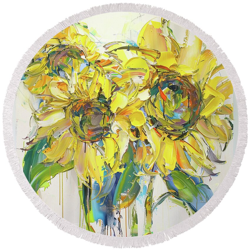 Sunflowers Round Beach Towel featuring the painting Abstract Sunflowers by Tina LeCour
