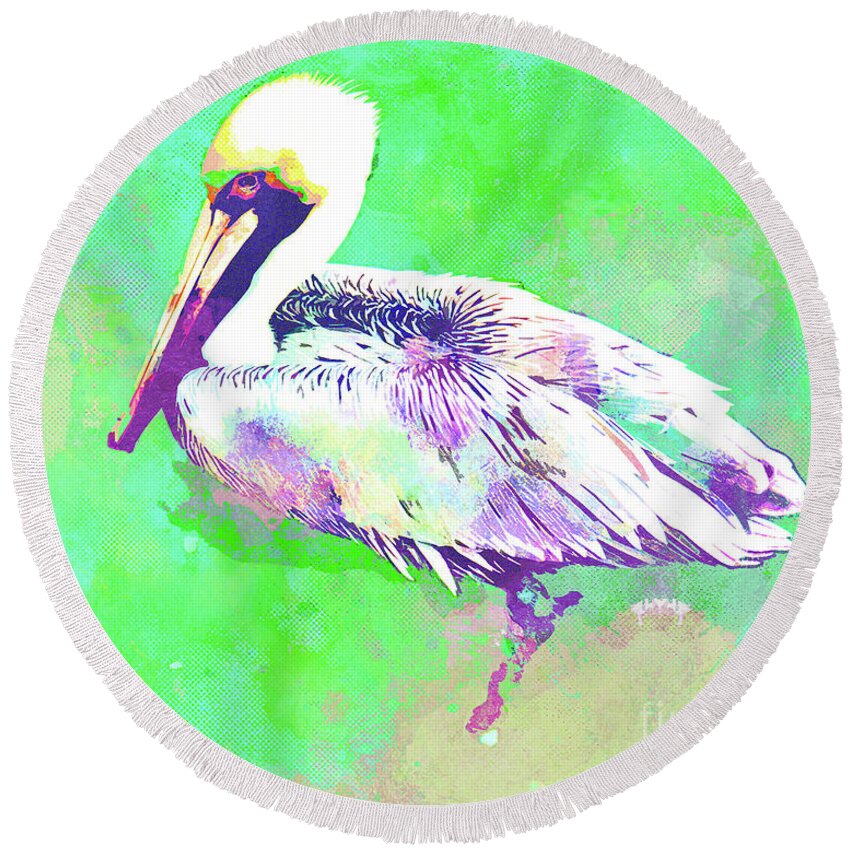Florida Round Beach Towel featuring the mixed media Abstract Watercolor - Florida Pelican by Chris Andruskiewicz