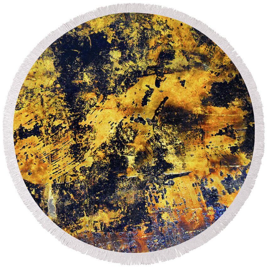 Black Blue And Gold Round Beach Towel featuring the painting Abstraction in Black Blue and Gold by Frank Wilson