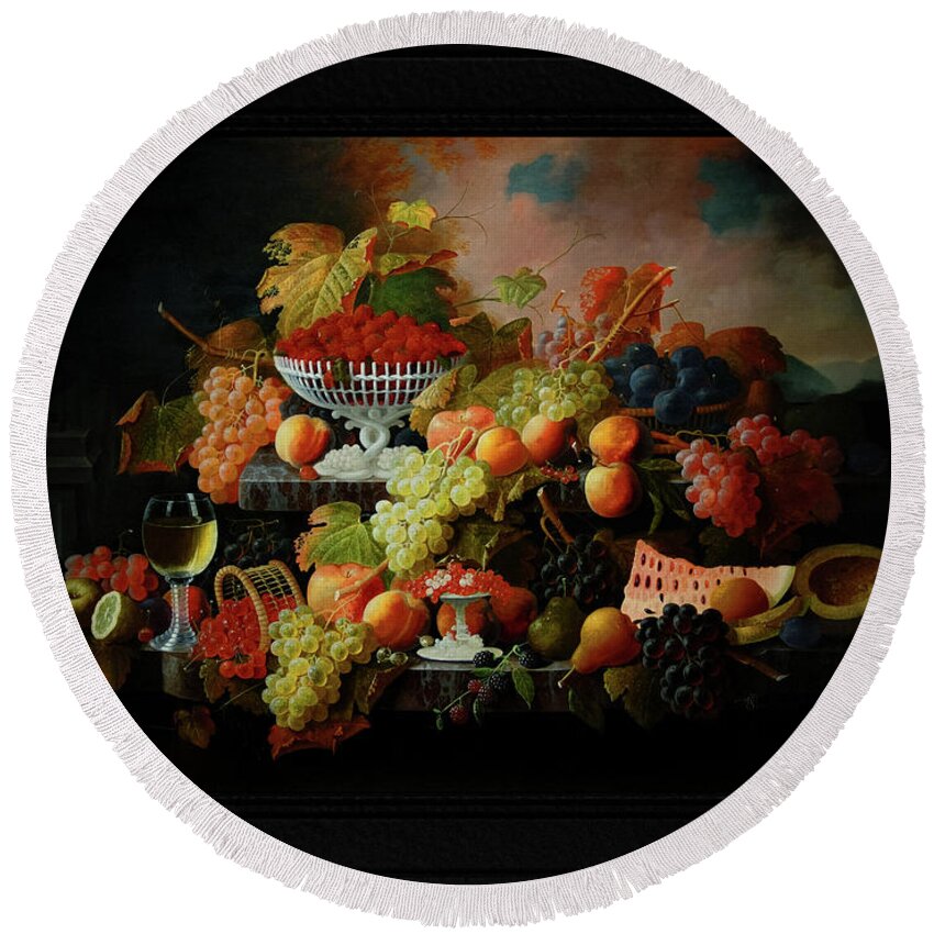 Abundance Of Fruit Round Beach Towel featuring the painting Abundance of Fruit by Severin Roesen Old Masters Classical Fine Art Reproduction by Rolando Burbon