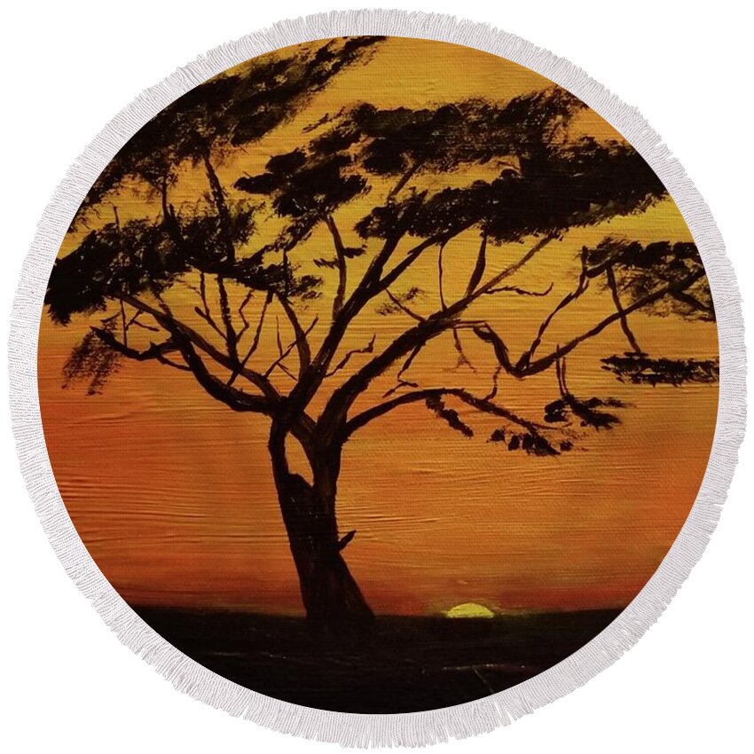 Acacia Tree At Sunset On The African Savannah Round Beach Towel featuring the painting Acacia Tree by Pour Your heART Out Artworks