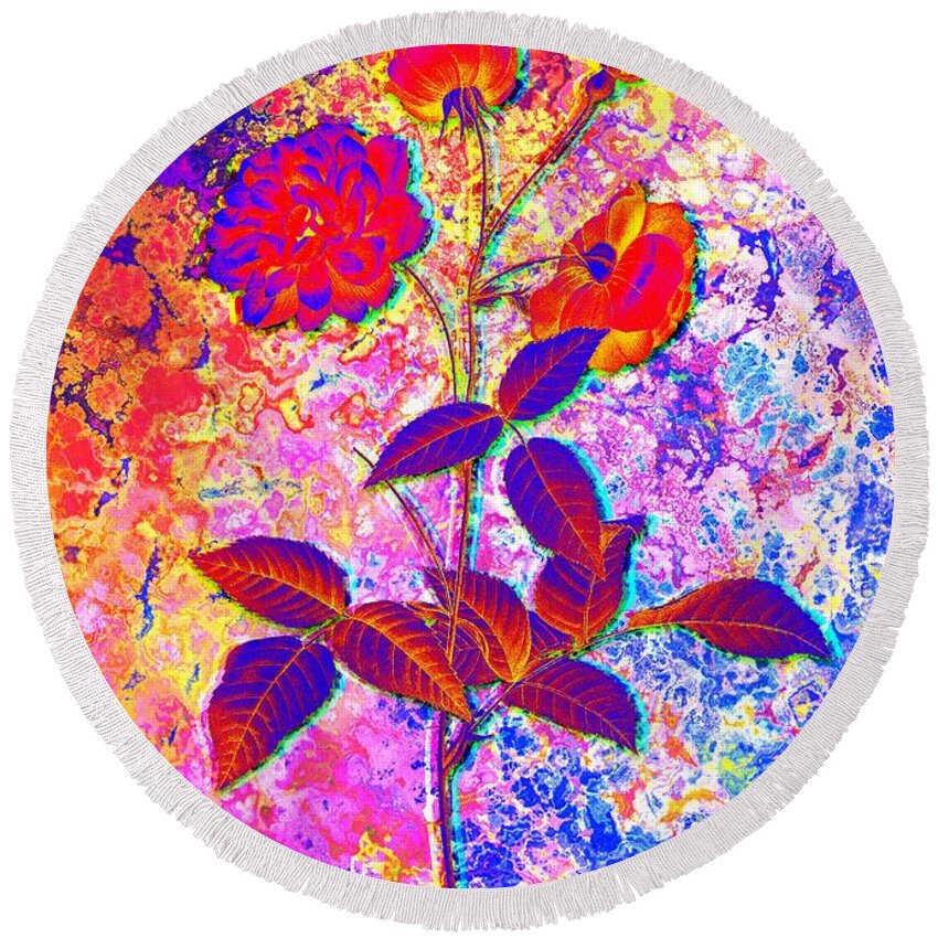 Neon Round Beach Towel featuring the painting Acid Neon Blooming China Rose Botanical Art n.0327 by Holy Rock Design