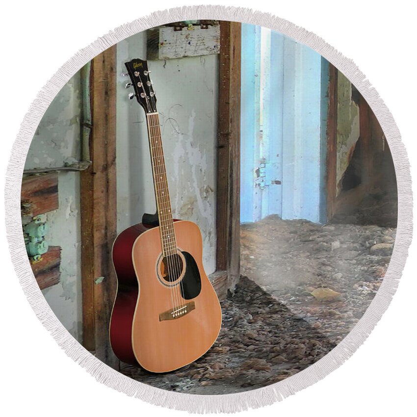Acoustic Guitar Round Beach Towel featuring the photograph Acoustic Life 5 - Work in Progress by Mike McGlothlen