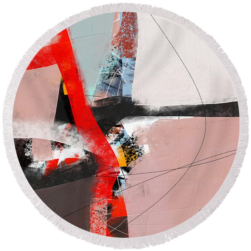 Abstract Round Beach Towel featuring the painting Acrobat - Beige White Red And Blue Abstract Painting by iAbstractArt