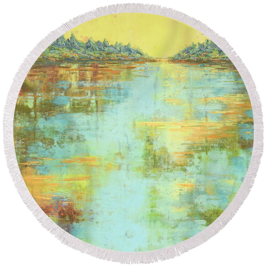 Landscape Round Beach Towel featuring the painting Across the Lake by PJ Kirk