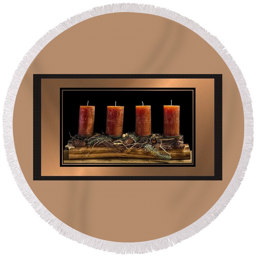 Advent Round Beach Towel featuring the mixed media Advent Wreath in Bronze by Nancy Ayanna Wyatt