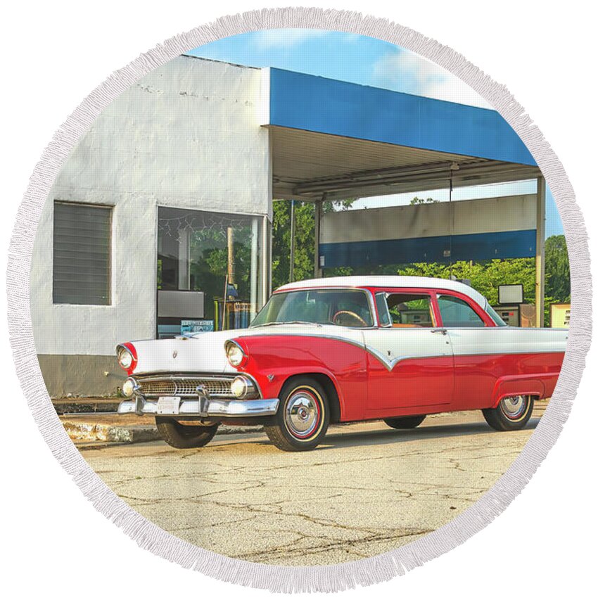 Fairlane Round Beach Towel featuring the photograph Adventures Of Ford Fairlane by John Kirkland