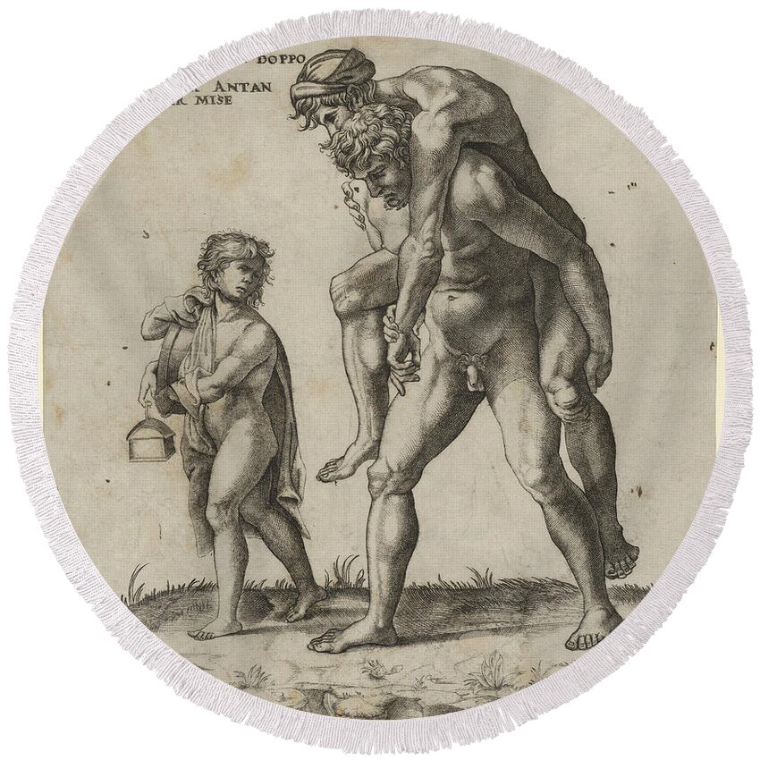 Giovanni Jacopo Caraglio Round Beach Towel featuring the drawing Aeneas rescuing Anchises, a young boy carrying a lantern at left by Giovanni Jacopo Caraglio