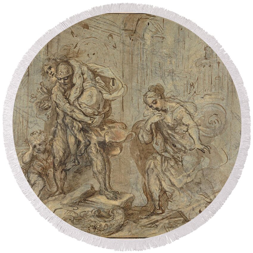 Federico Barocci Round Beach Towel featuring the drawing Aeneas Saving Anchises at the Fall of Troy by Federico Barocci