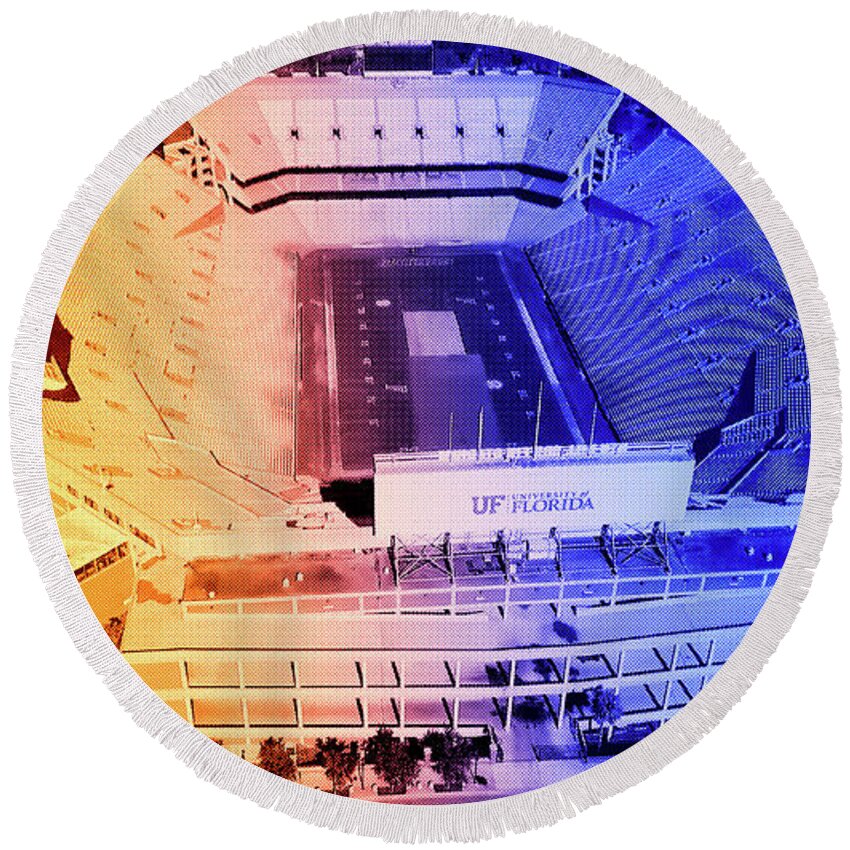 Ben Hill Griffin Stadium Round Beach Towel featuring the digital art Aerial of the Ben Hill Griffin Stadium in Gainesville, Florida - orange and blue by Nicko Prints