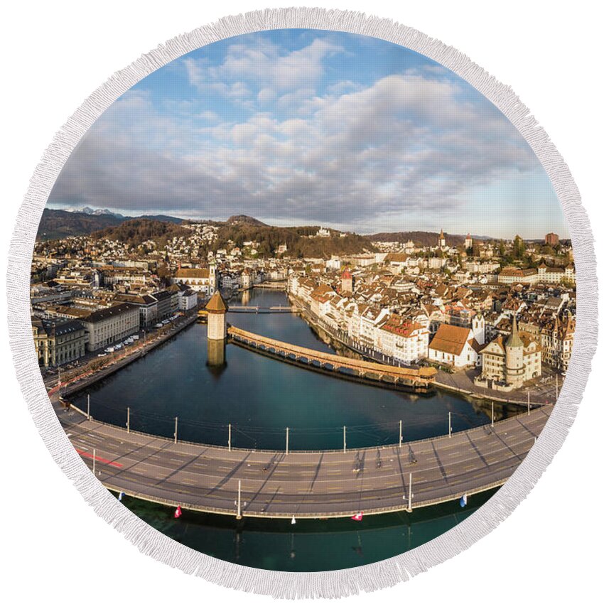 Canton Lucerne Round Beach Towel featuring the photograph Aerial panorama of the famous Lucerne old town with the wooden C by Didier Marti