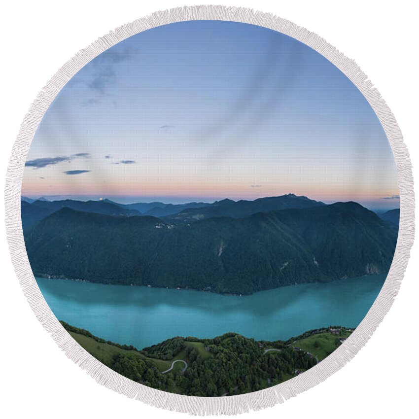 Europe Round Beach Towel featuring the photograph Aerial panorama of twilight over the lake Lugano in Canton Ticin by Didier Marti