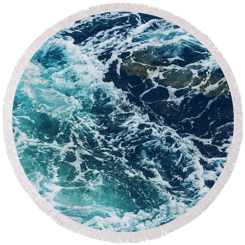 Sea Round Beach Towel featuring the photograph Aerial view of dramatic sea waves by Jelena Jovanovic