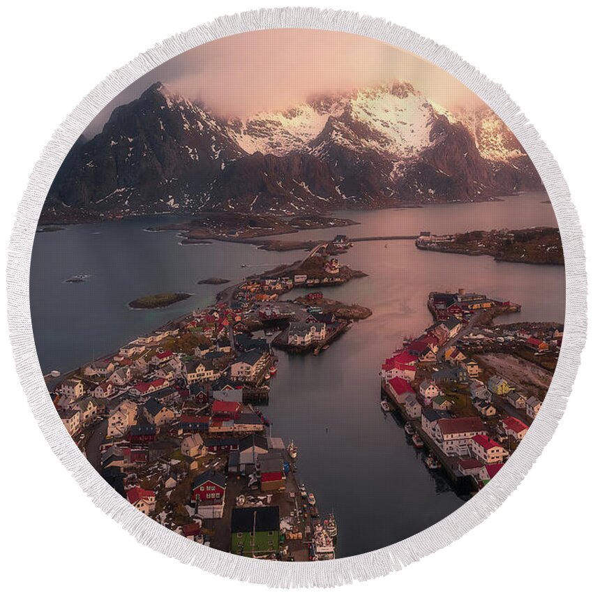 Wall Photo Round Beach Towel featuring the photograph Aerial View of Henningsvaer Fishing Village by Celia Zhen