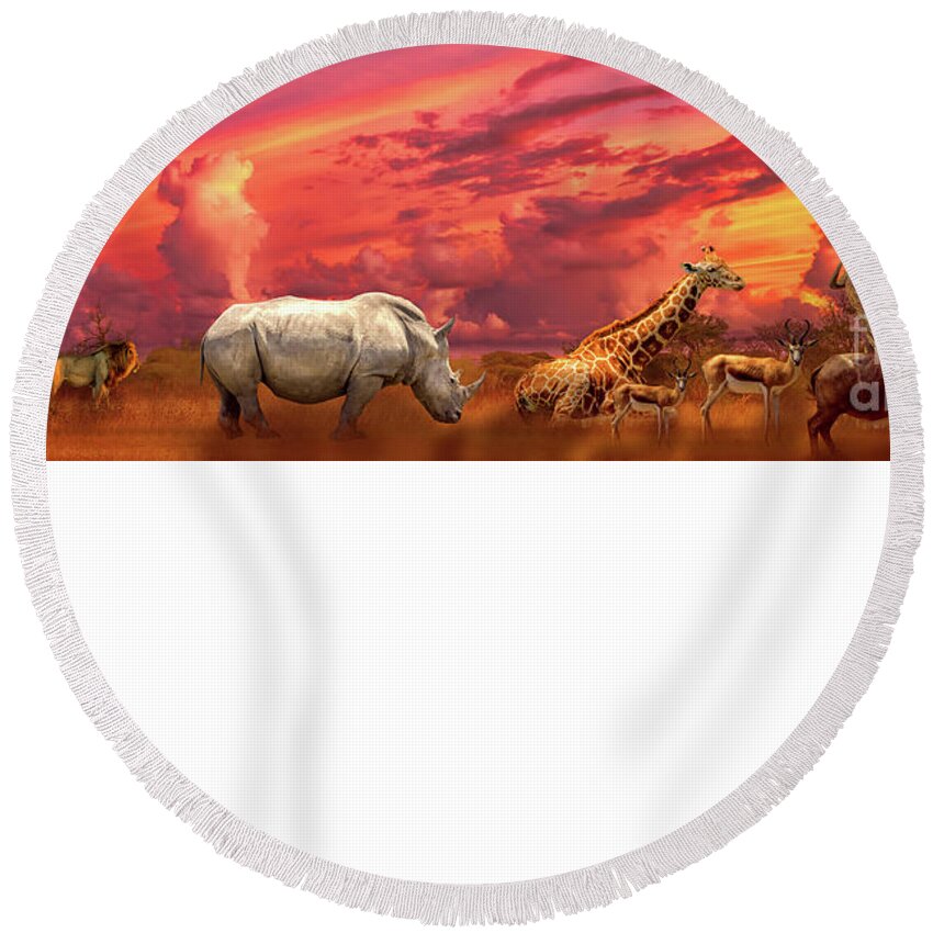 Tanzania Round Beach Towel featuring the photograph African animals sunset panorama by Benny Marty