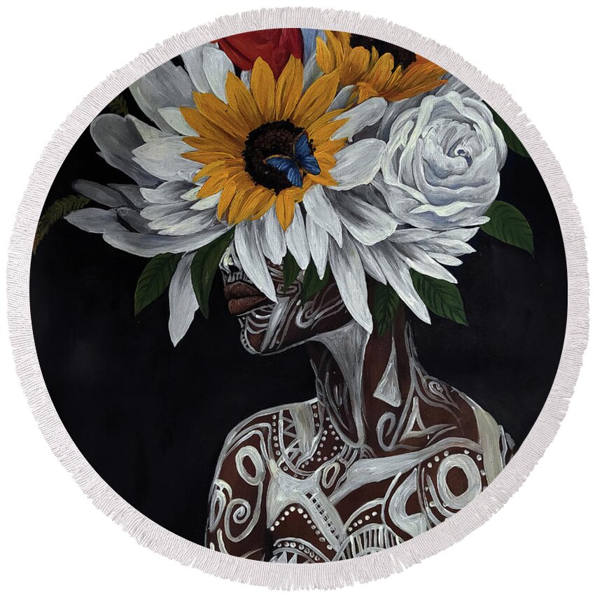 Rmo Round Beach Towel featuring the painting African Blossom by Ronnie Moyo