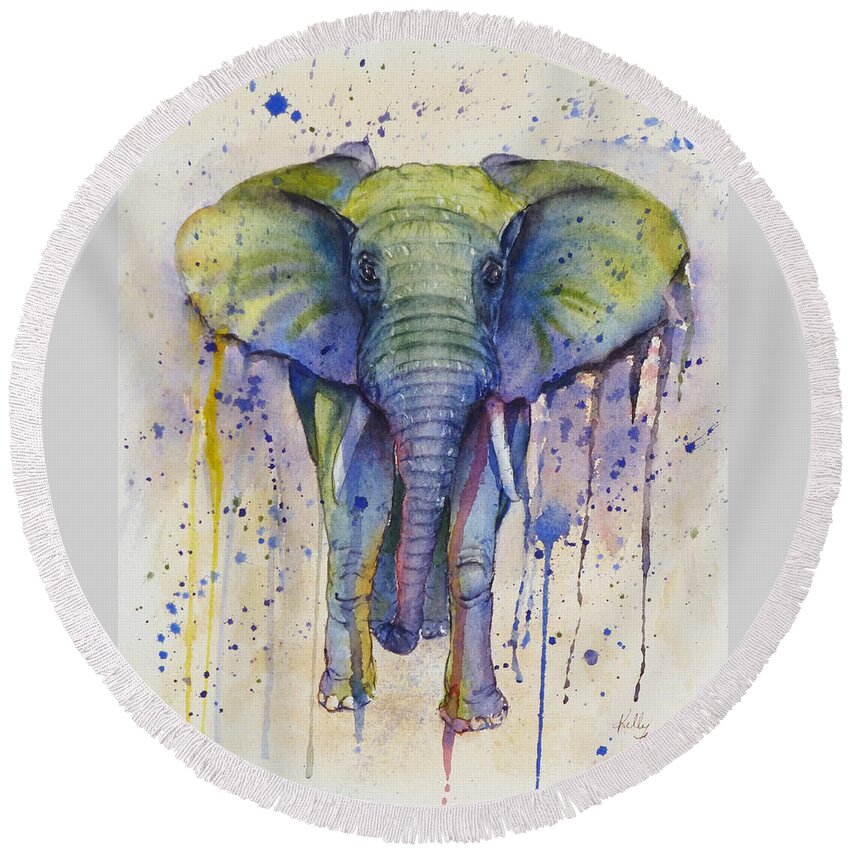 African Elephant Round Beach Towel featuring the painting African Elephant Abstract Style by Kelly Mills