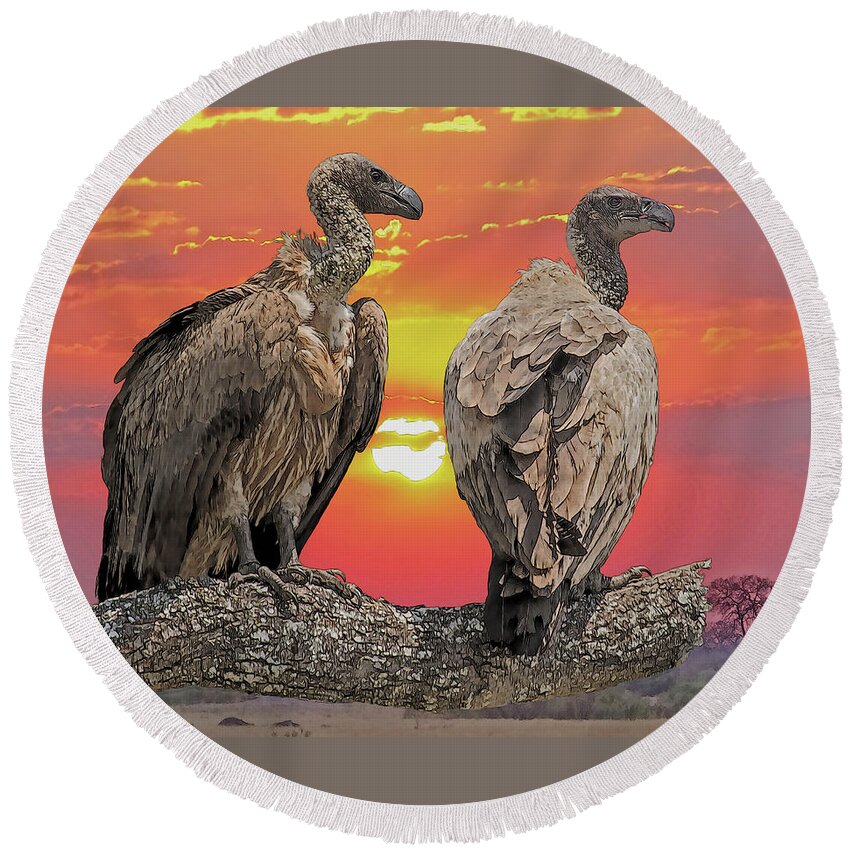 African Vultures Round Beach Towel featuring the digital art AFRICAN VULTURES AT SUNSET cps by Larry Linton