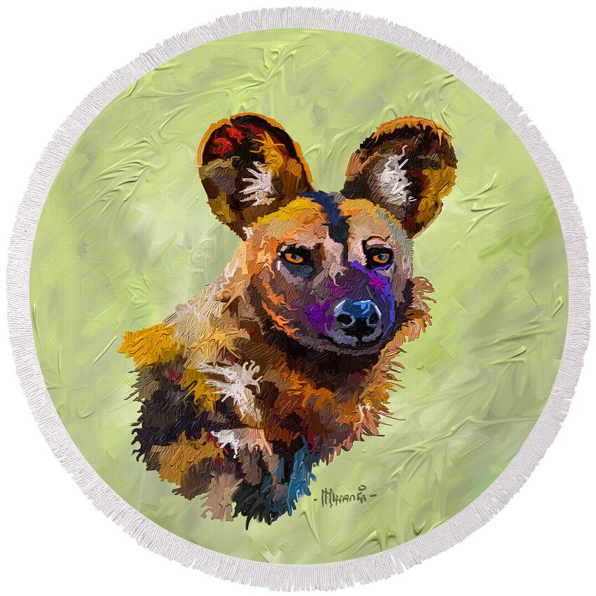 Horse Round Beach Towel featuring the painting African Wild Dog by Anthony Mwangi