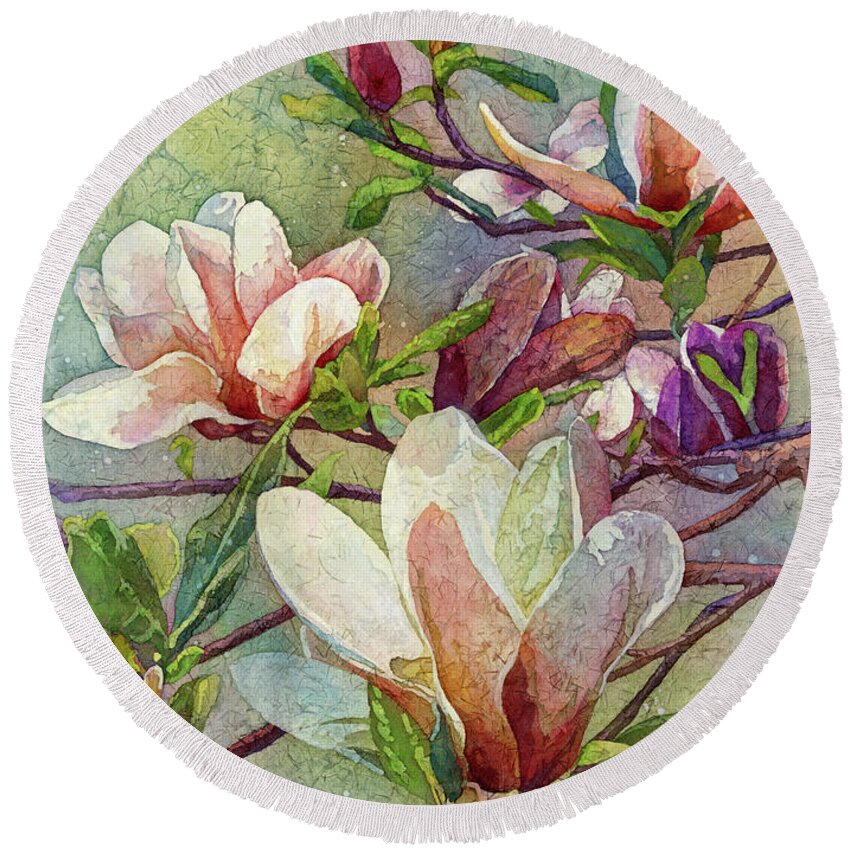 Magnolia Round Beach Towel featuring the painting After a Fresh Rain by Hailey E Herrera