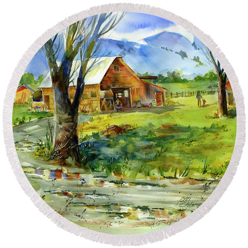 Cowboy Round Beach Towel featuring the painting After The Rain by Joan Chlarson