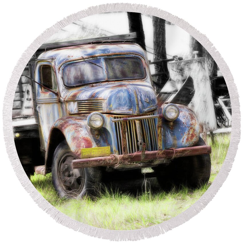 Vintage Truck Photo Prints Round Beach Towel featuring the digital art Aged 01 by Kevin Chippindall
