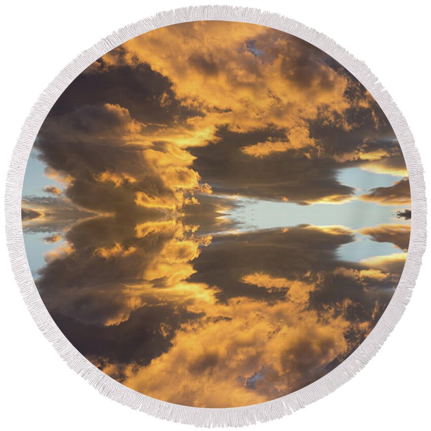 Celestial Round Beach Towel featuring the digital art Air and golden light, a journey through time by Adriana Mueller