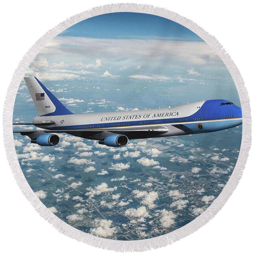 U.s. Air Force Round Beach Towel featuring the mixed media Air Force One VC-25A by Erik Simonsen