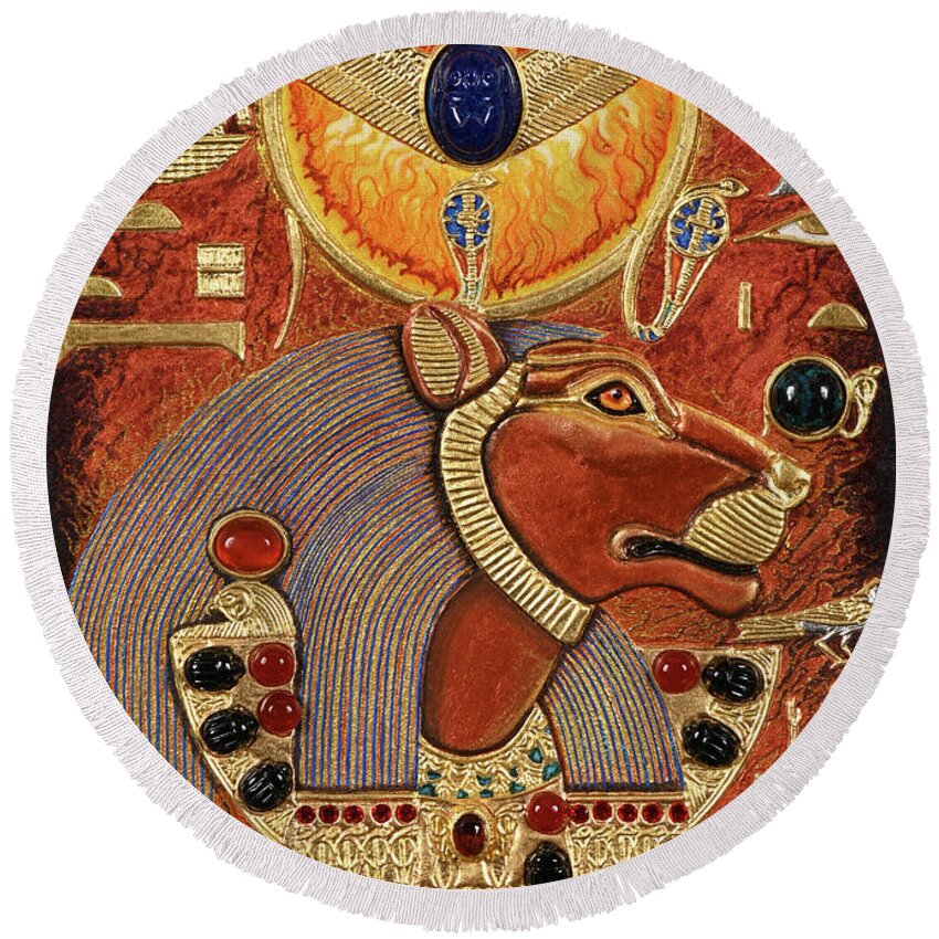 Ancient Round Beach Towel featuring the mixed media Akem-Shield of Sekhmet the Eye of Ra and Mistress of Heaven by Ptahmassu Nofra-Uaa