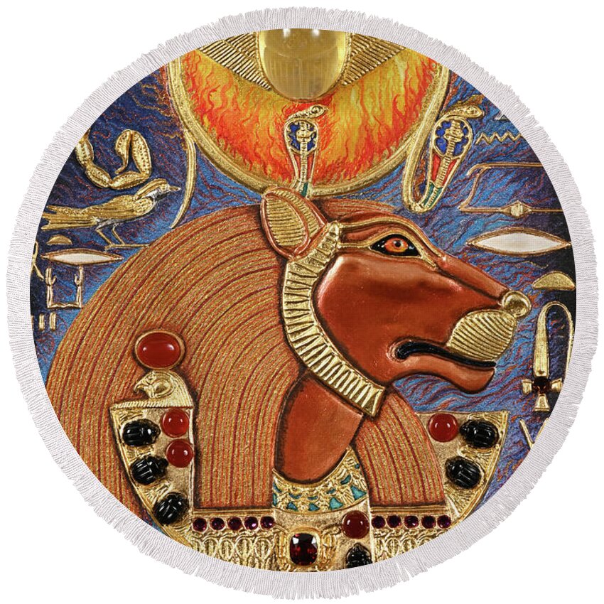 Ancient Round Beach Towel featuring the mixed media Akem-Shield of Sekhmet Who Incinerates the Rebels by Ptahmassu Nofra-Uaa