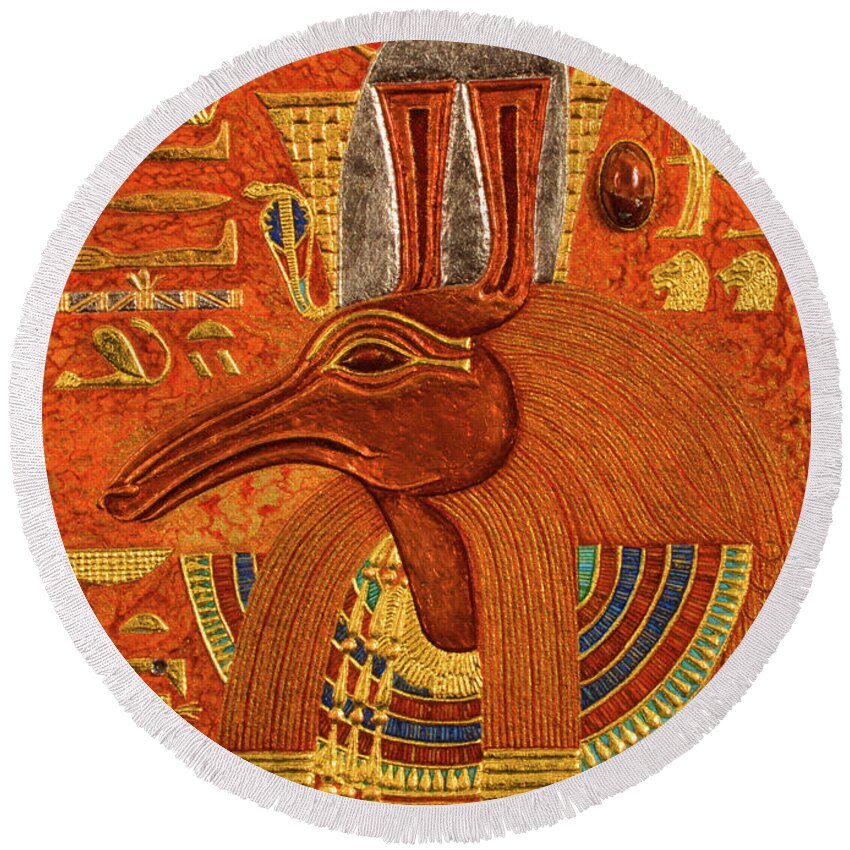 Ancient Round Beach Towel featuring the mixed media Akem-Shield of Sutekh Who is Great of Strength by Ptahmassu Nofra-Uaa