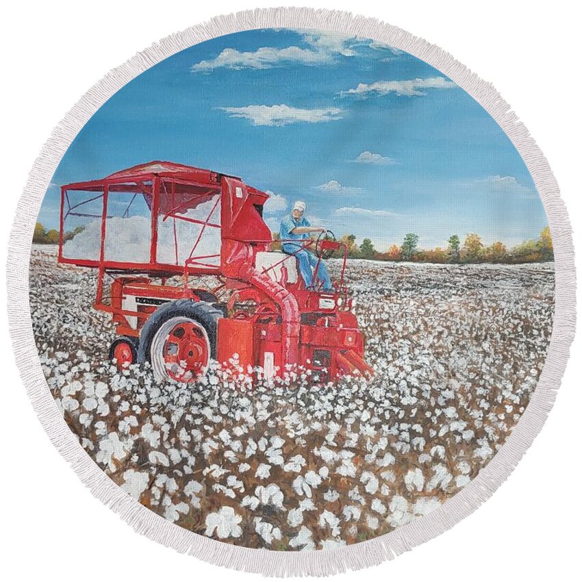 Picking Cotton Round Beach Towel featuring the painting Alabama Fields of White by ML McCormick