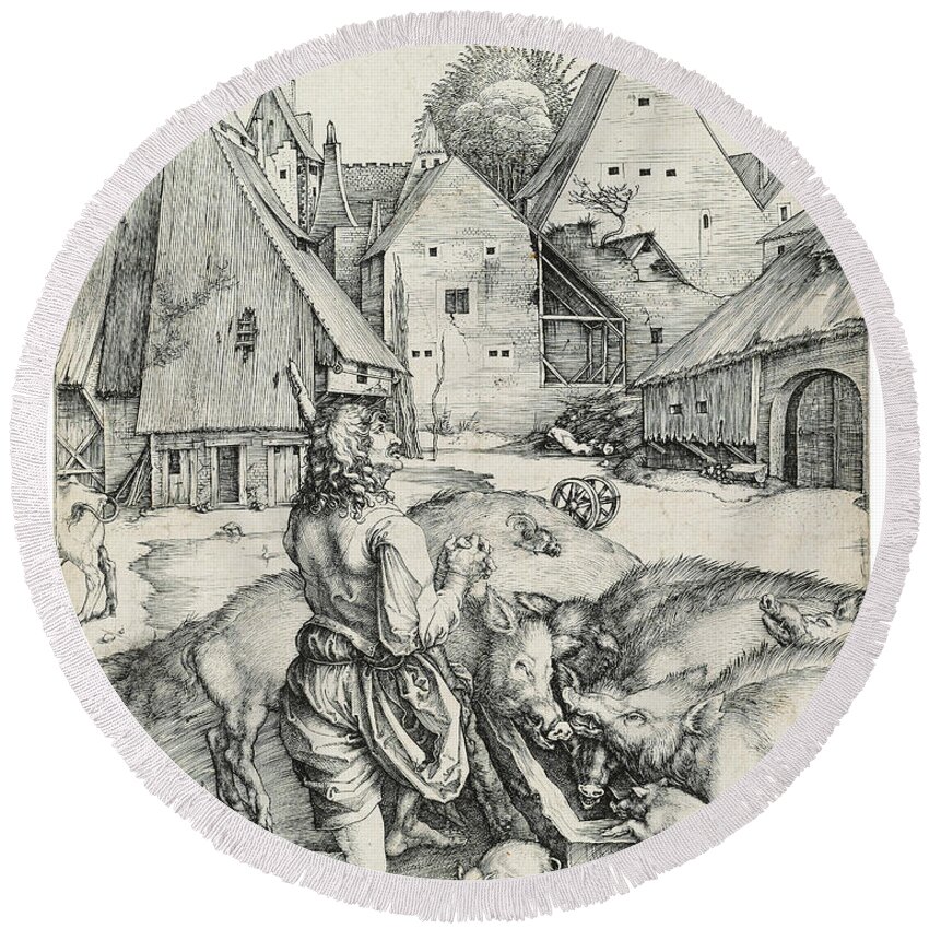 Albrecht Round Beach Towel featuring the painting ALBRECHT DURER The Prodigal Son by MotionAge Designs