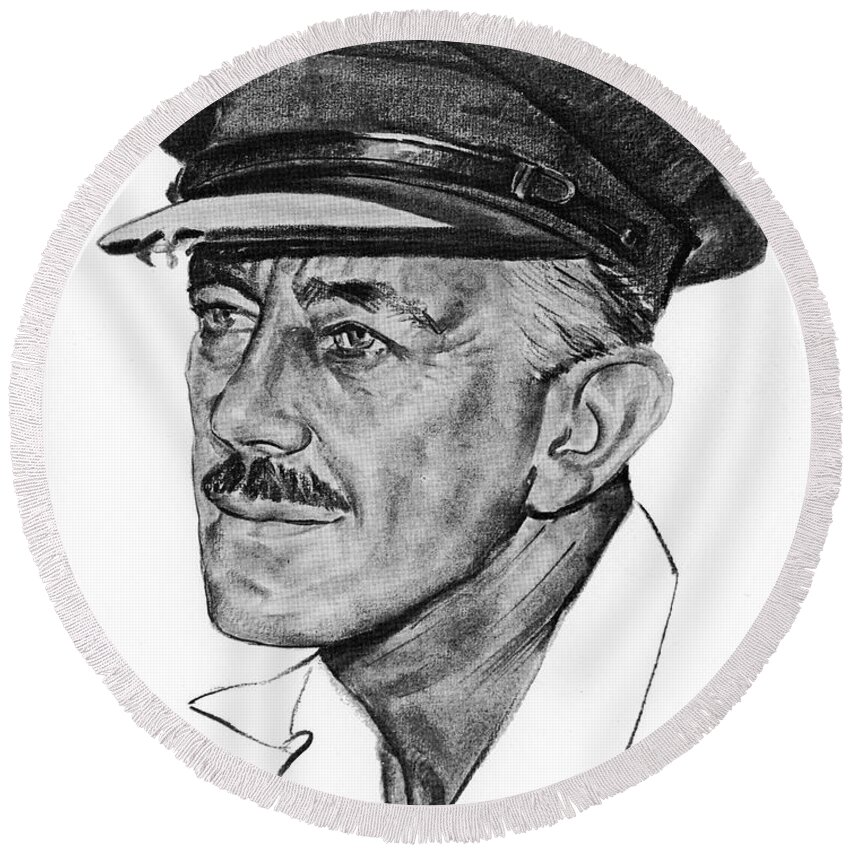 Alec Guinness Round Beach Towel featuring the drawing Alec Guinness 1957 by Movie World Posters