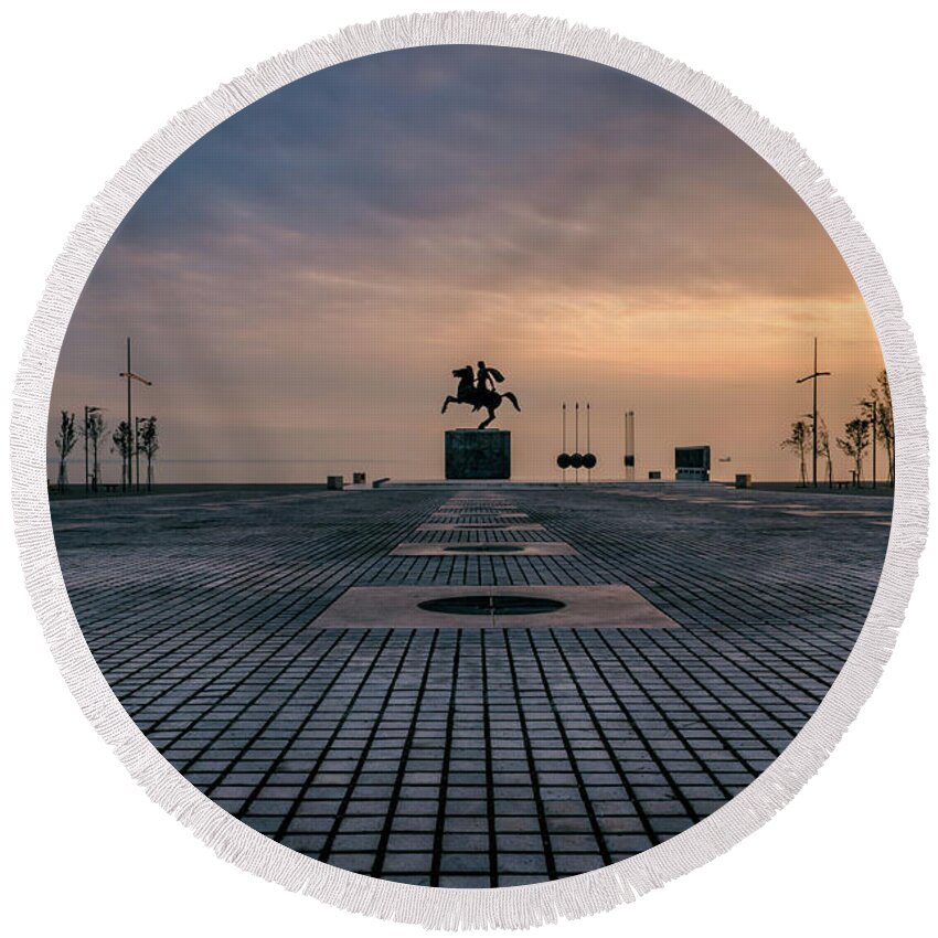 Alexander The Great Round Beach Towel featuring the photograph Alexander the Great statue by Alexios Ntounas