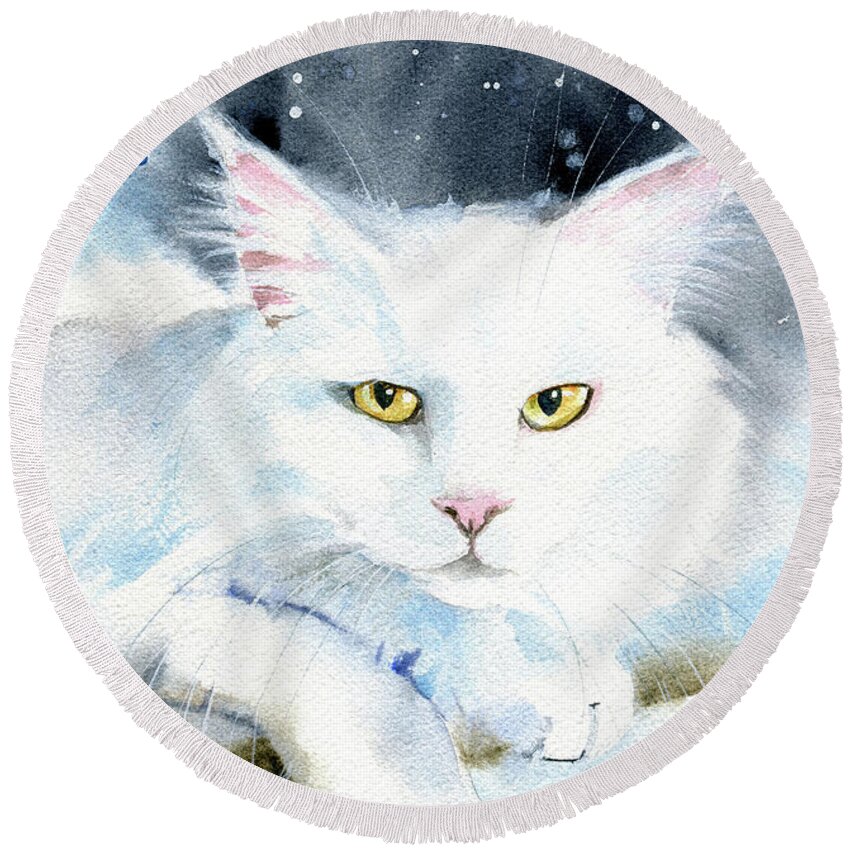 Cats Round Beach Towel featuring the painting Alice White Cat Painting by Dora Hathazi Mendes