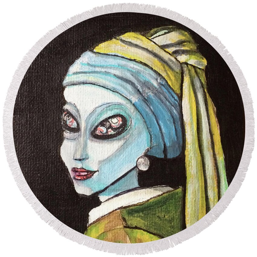 Alien Round Beach Towel featuring the painting alien Girl with a Pearl Earring by Similar Alien