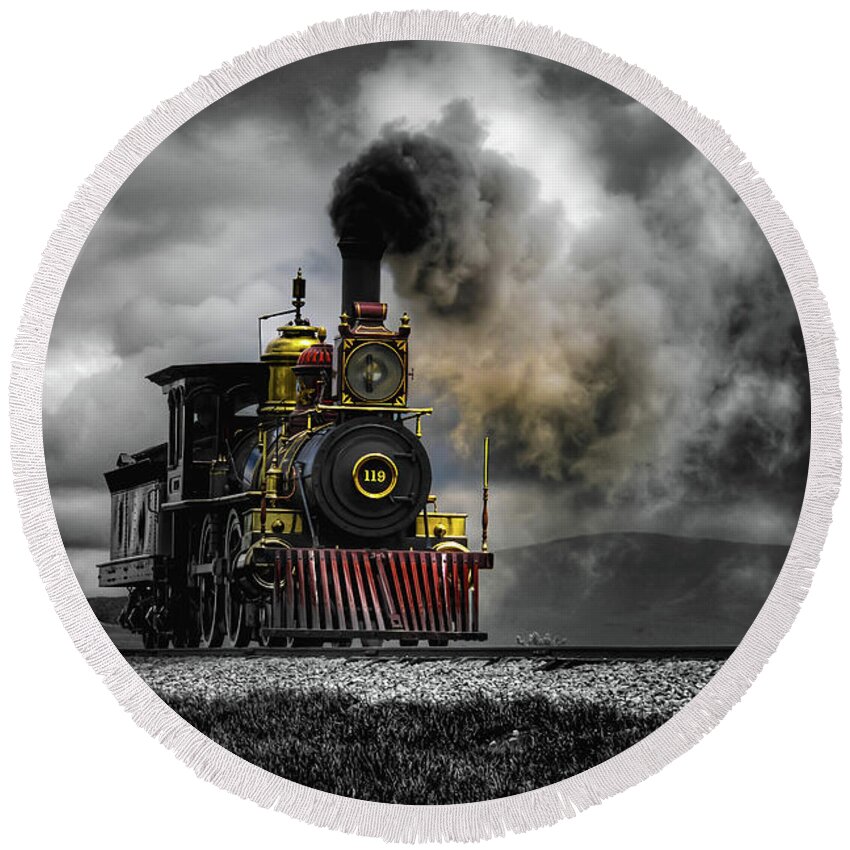 Train Round Beach Towel featuring the photograph All Aboard by Pam Rendall