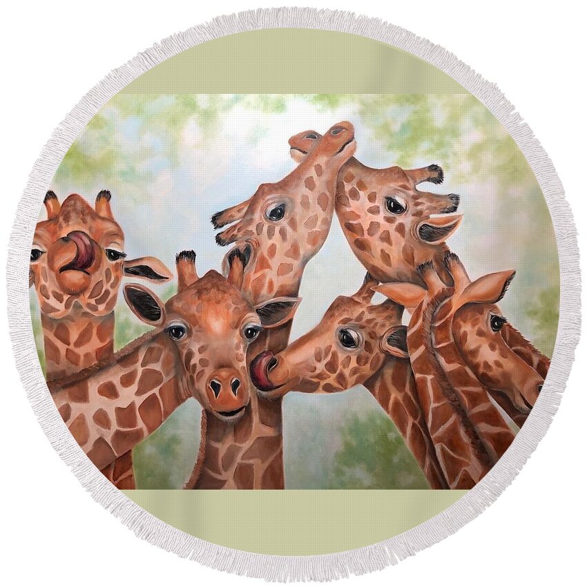 Giraffes Round Beach Towel featuring the painting All in the Family by Barbara Landry