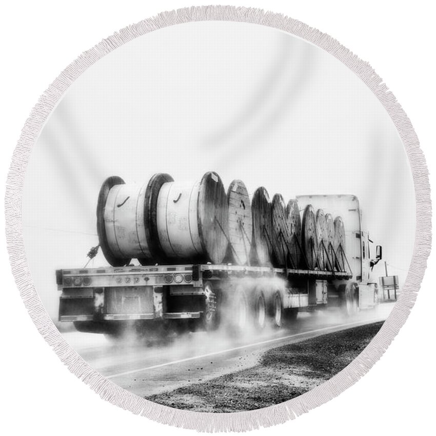 Theresa Tahara Round Beach Towel featuring the photograph All Weather Trucker Bw by Theresa Tahara
