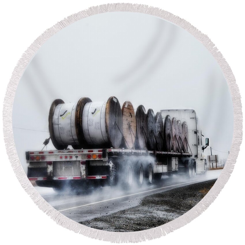 Theresa Tahara Round Beach Towel featuring the photograph All Weather Trucker by Theresa Tahara